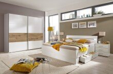 Schwebetürenschrank >Bert< 3 Stangen, 3 Böden, Weiß / Plankeneiche Dekor - 270x208x65cm (BxHxT)