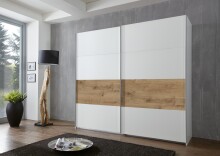 Schwebetürenschrank >Bert< 2 Böden, 2 Stangen, Weiß / Plankeneiche Dekor - 225x208x65cm (BxHxT)