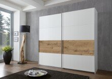 Schwebetürenschrank >Bert< 2 Böden, 2 Stangen, Weiß / Plankeneiche Dekor - 225x208x65cm (BxHxT)