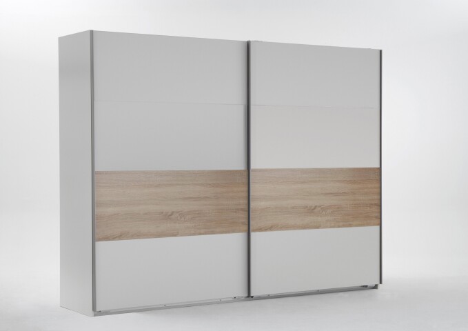 Schwebetürenschrank >Bert< 3 Böden, 3 Stangen, Weiß / Eiche Sägerau Dekor - 270x208x65cm (BxHxT)