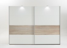 Schwebetürenschrank >Bert< 2 Böden, 2 Stangen, Weiß / Eiche Sägerau Dekor - 225x208x65cm (BxHxT)