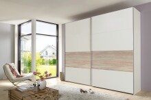 Schwebetürenschrank >Bert< 2 Böden, 2 Stangen, Weiß / Eiche Sägerau Dekor - 225x208x65cm (BxHxT)