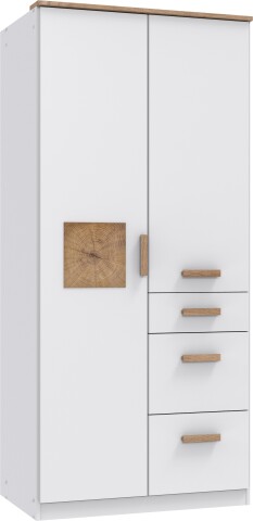 Drehtürenschrank >Gotland< 3 Schübe, 3 Böden, Weiß / Plankeneiche Dekor - 91x199x58cm (BxHxT)