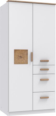 Drehtürenschrank >Gotland< 3 Schübe, 3 Böden, Weiß / Plankeneiche Dekor - 91x199x58cm (BxHxT)