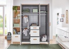 Drehtürenschrank >Gotland< 3 Schübe, 3 Stangen, weiss / Plankeneiche Dekor - 135x199x58cm (BxHxT)