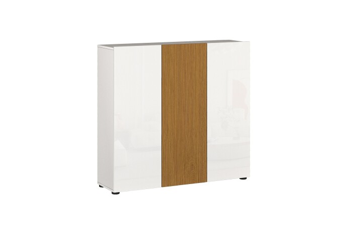 Schuhkommode >Lady< 10 Böden, weiss hochglanz / Eiche Dekor - 120x115x34 (BxHxT)