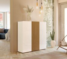 Schuhkommode >Lady< 10 Böden, weiss hochglanz / Eiche Dekor - 120x115x34 (BxHxT)