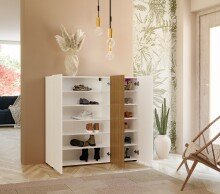 Schuhkommode >Lady< 10 Böden, weiss hochglanz / Eiche Dekor - 120x115x34 (BxHxT)