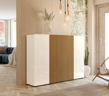 Schuhkommode >Lady< 10 Böden,  weiss hochglanz / Eiche Dekor  - 160x115x34 (BxHxT)