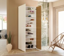 Schuhschrank >Lady< 20 Böden, weiss hochglanz / Eiche Dekor - 80x200x34 (BxHxT)