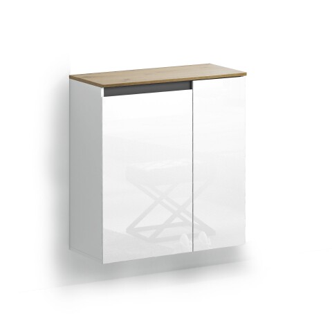 Hängeschuhschrank >Zippo< 8 Böden,  weiss hochglanz / Eiche Dekor  - 80x85x35,1cm (BxHxT)