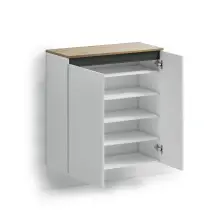 Hängeschuhschrank >Zippo< 8 Böden,  weiss hochglanz / Eiche Dekor  - 80x85x35,1cm (BxHxT)
