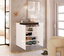 Hängeschuhschrank >Zippo< 8 Böden,  weiss hochglanz / Eiche Dekor  - 80x85x35,1cm (BxHxT)