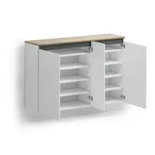 Hängeschuhschrank >Zippo< 8 Böden, weiss hochglanz / Eiche Dekor - 129,7x85x35,1 (BxHxT)