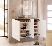 Hängeschuhschrank >Zippo< 8 Böden, weiss hochglanz / Eiche Dekor - 129,7x85x35,1 (BxHxT)