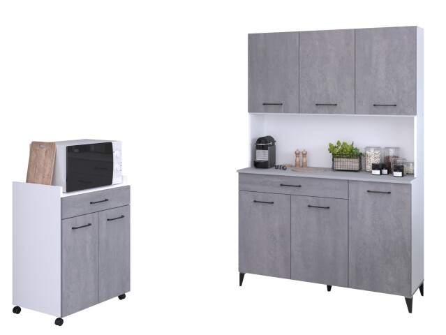 Mehrzweckschrank-Set >Malice 2< in Beton Optik hell, Weiß, Buffetschrank + Beistellschrank