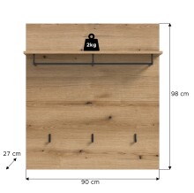 Garderobenpaneel >Scout< 3 Haken, Ablage, Stange, Evoke Eiche Dekor - 90x98x27cm (BxHxT)