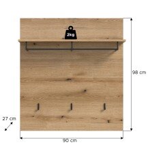 Garderobenpaneel >Scout< 3 Haken, Ablage, Stange, Evoke Eiche Dekor - 90x98x27cm (BxHxT)