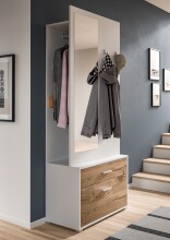 Kompaktgarderobe >Polo< Schublade + Klappe, weiß / nox oak / Spiegel - 80x190x38cm (BxHxT)