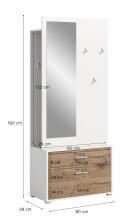 Kompaktgarderobe >Polo< Schublade + Klappe, weiß / nox oak / Spiegel - 80x190x38cm (BxHxT)