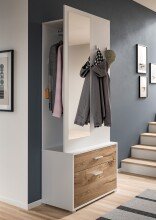 Kompaktgarderobe >Polo< Schublade + Klappe, weiß / nox oak / Spiegel - 80x190x38cm (BxHxT)