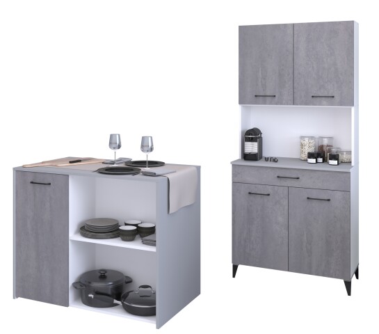 Mehrzweckschrank-Set >Malice 3< (2-teilig) Buffetschrank + Beistelschrank, in Beton Optik hell / Weiss