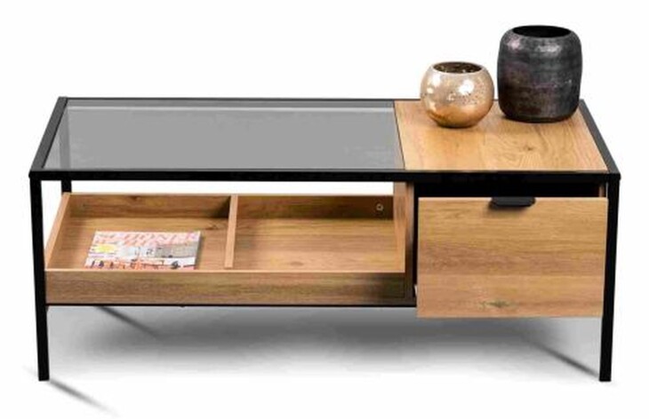 Couchtisch >Mandurah 2< Schublade, Ablage, Eiche Dekor, Metall + MDF - 110x42x55cm (BxHxT)