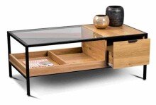 Couchtisch >Mandurah 2< Schublade, Ablage, Eiche Dekor, Metall + MDF - 110x42x55cm (BxHxT)