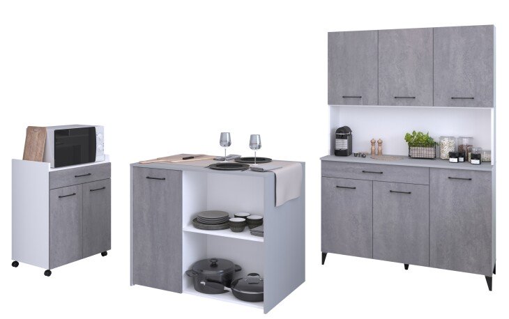 Mehrzweckschrank-Set >Malice 6< (3-teilig) Buffet + Insel +  Beistellschrank, Beton Optik hell / weiß