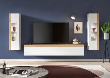 Wohnwand >Ruda< stehend / hängend,  Weiß / Artisan Eiche Dekor - 270x34x33cm (BxHxT)