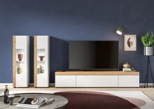 Wohnwand >Ruda< stehend / hängend,  Weiß / Artisan Eiche Dekor - 270x34x33cm (BxHxT)