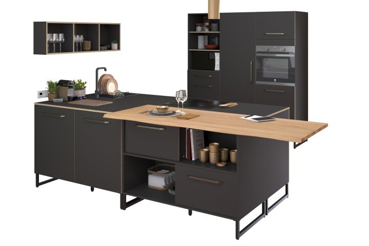 Küche >Wave 1< in Dunkel Grau, Absetzungen Eiche nachbildung