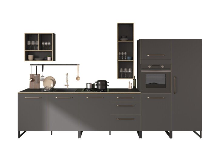 Küchenzeile >Wave 2< in dunkel grau, Absetzungen in Eiche - 360cm (B)