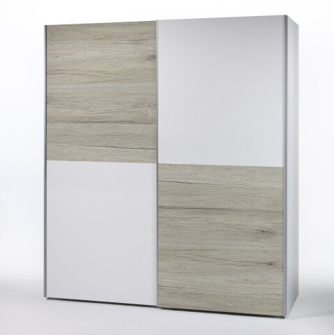Schwebetürenschrank >Time< 2 Böden, 2 Stangen, Weiß / Eiche San Remo Dekor - 170x195x59 (BxHxT)