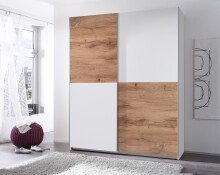 Schwebetürenschrank >Time< 2 Böden, 2 Stangen, Weiß / Wildeiche Dekor - 170x195x59 (BxHxT)