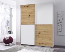 Schwebetürenschrank >Time< 2 Böden, 2 Stangen, Weiß / Artisan Eiche Dekor - 170x195x59 (BxHxT)