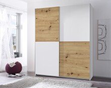 Schwebetürenschrank >Time< 2 Böden, 2 Stangen, Weiß / Artisan Eiche Dekor - 170x195x59 (BxHxT)