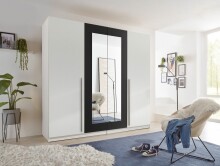 Drehtürenschrank >Cano< 5 Böden, 1 Stange, Spiegel / Weiß / Graphit - 228x213x62cm (BxHxT)