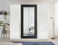 Drehtürenschrank >Cano< 5 Böden, 1 Stange, Spiegel / Weiß / Graphit - 228x213x62cm (BxHxT)