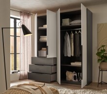 Drehtürenschrank >Nuka< 4 Böden, 1 Stange, 3 Schübe, Graphit/Hellgrau - 200,5x225,5x60 (BxHxT)