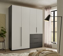 Drehtürenschrank >Nuka< 4 Böden, 1 Stange, 3 Schübe, Graphit/Hellgrau - 200,5x225,5x60 (BxHxT)