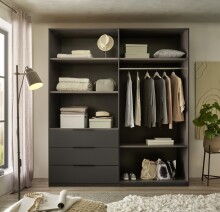 Drehtürenschrank >Nuka< 4 Böden, 1 Stange, 3 Schübe, Graphit/Hellgrau - 200,5x225,5x60 (BxHxT)