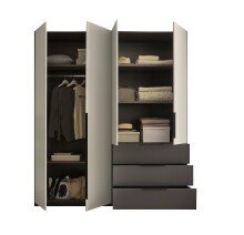 Drehtürenschrank >Nuka< 4 Böden, 1 Stange, 3 Schübe, Graphit/Hellgrau - 200,5x225,5x60 (BxHxT)