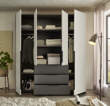 Drehtürenschrank >Nuka< 6 Böden, 2 Stangen, 3 Schübe, Graphit/Hellgrau - 200,5x225,5x60 (BxHxT