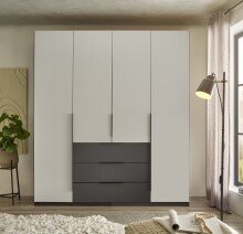 Drehtürenschrank >Nuka< 6 Böden, 2 Stangen, 3 Schübe, Graphit/Hellgrau - 200,5x225,5x60 (BxHxT