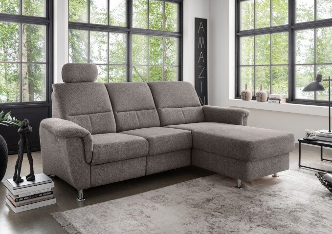 Ecksofa >Ludwigshafen< Motor-funktion, Kopfstütze, Stauraum, grau-braun - 231x113x165 (BxHxT)