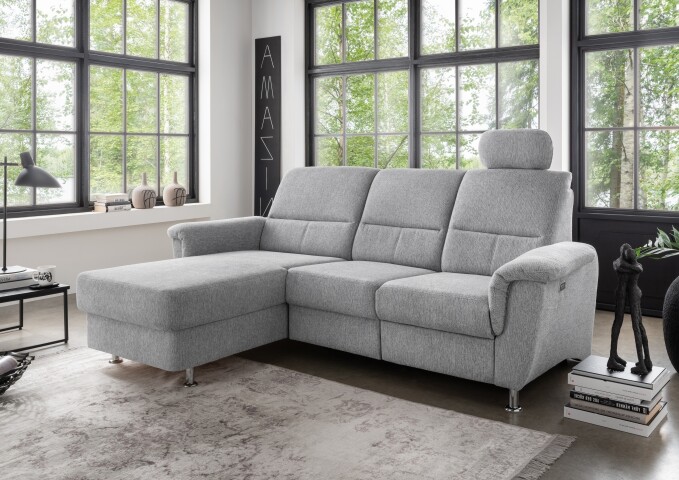 Ecksofa >Ludwigshafen< Motor-funktion, Kopfstütze, Stauraum, silber - 231x113x165 (BxHxT)