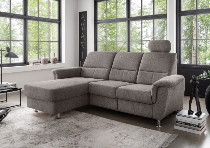 Ecksofa >Ludwigshafen< Motor-funktion, Kopfstütze, Stauraum, grau-braun - 231x113x165 (BxHxT)