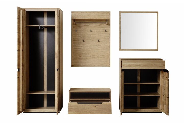 Garderoben-Set >ARAYA< (5-teilig) in Eiche teilmassiv - 227x195x40,5 (BxHxT)