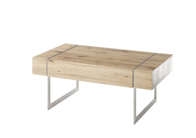 Couchtisch >PAPHOS< Schublade, Asteiche furniert / Edelstahloptik - 110x45x60cm (BxHxT)